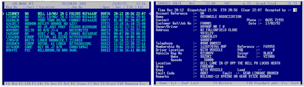 Control Room Technology MSDOS Garage Manager Job Screen