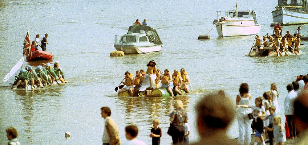 Metropolitan Traffic Police raft race for Falklands charity in the eighties